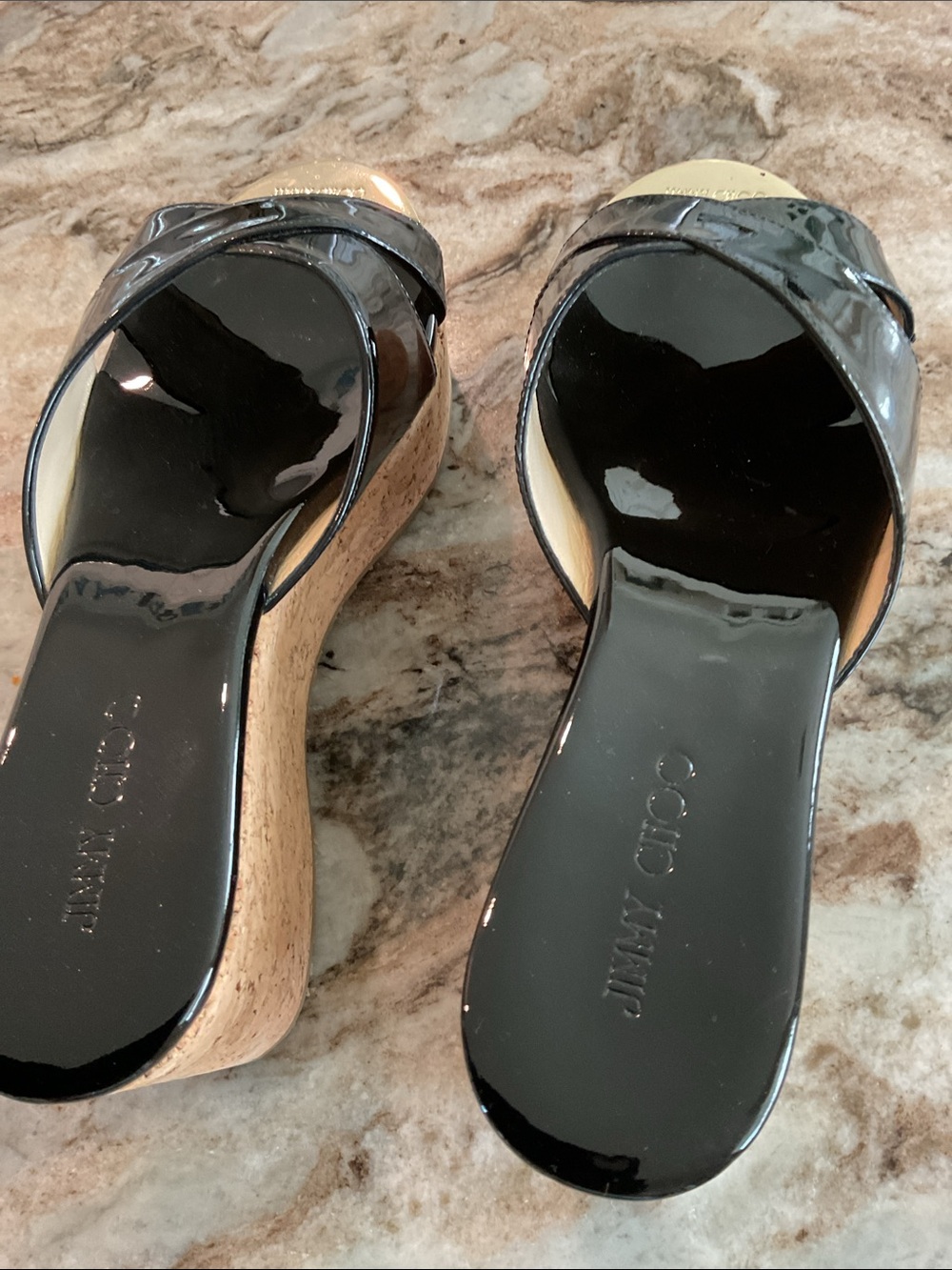 JIMMY CHOO PAtent Prima cork wedge sandals, black, size 38.5 - Picture 5 of 8